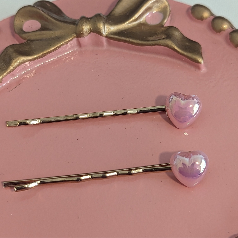Set Of 2 Pink Heart Bobby Pins New!